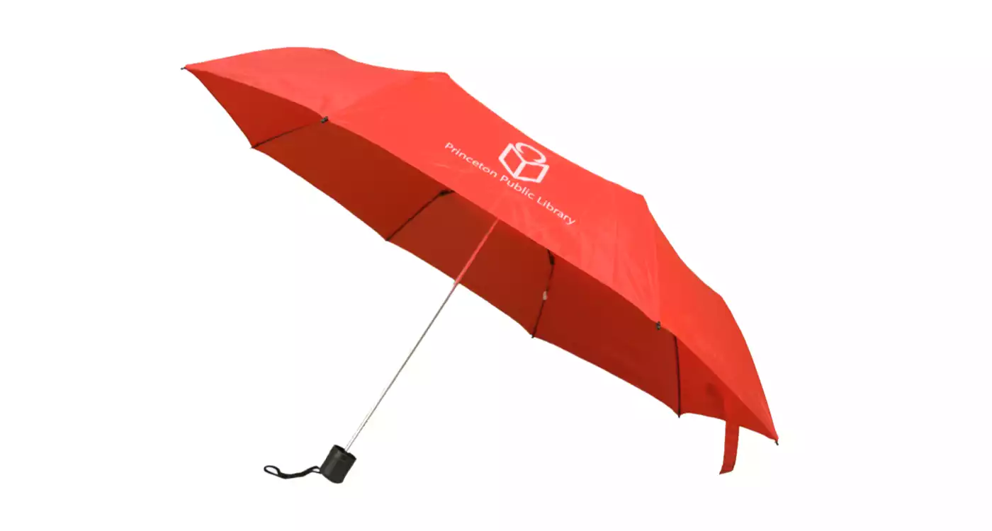 Red umbrella with library logo