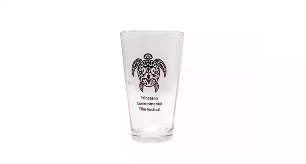 Glass with image of turtle and PEFF text