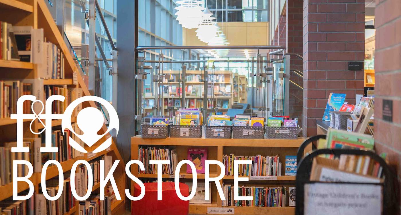 Graphic for F&F bookstore with a photo of the bookstore shelves in the Princeton Public Library