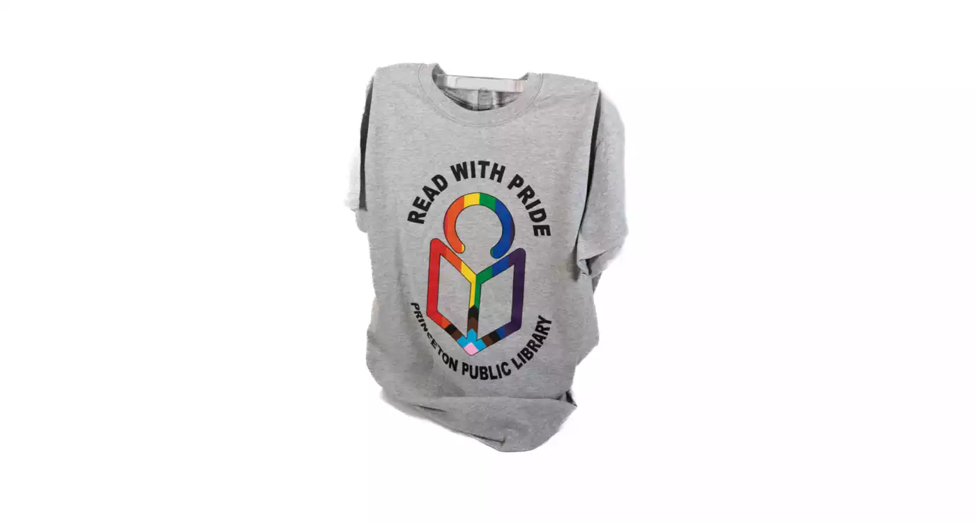 Grey T-shirt with Read with Pride logo