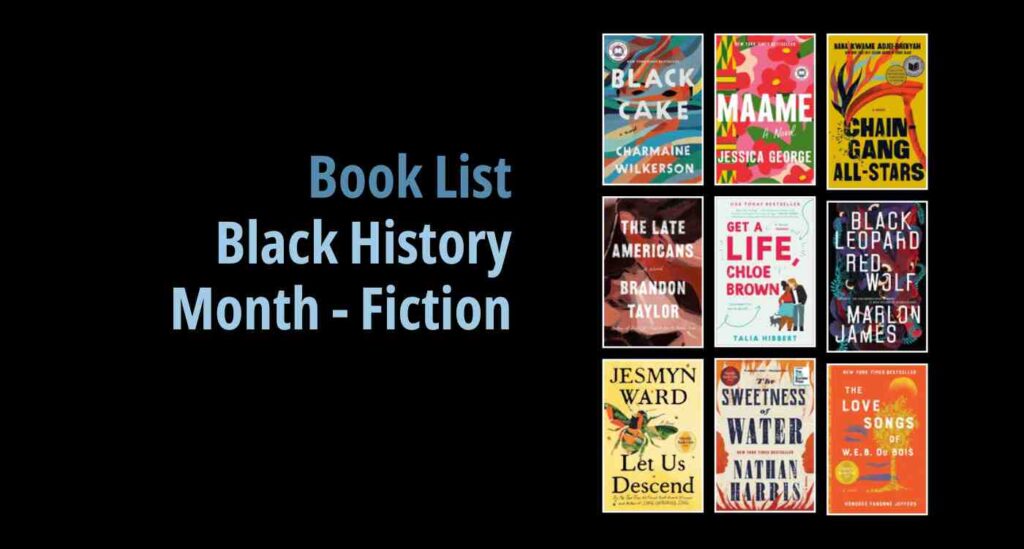 Black background with a book cover collage and text reading book list: Black History Month - Fiction