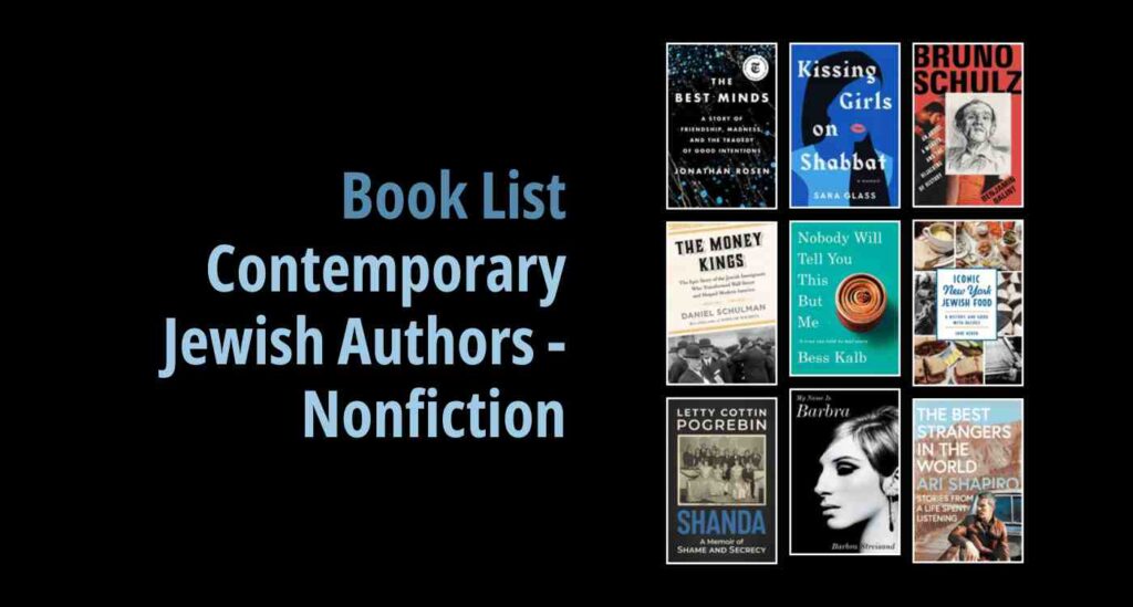 Black background with a book cover collage and text reading Book List: Contemporary Jewish Authors - Nonfiction