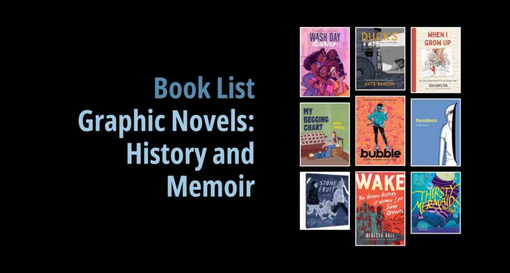 Black background with a book cover collage and text reading book list: Graphic Novels: History and Memoir