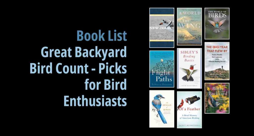 Black background with a book cover collage and text reading book list: Great Backyard Bird Count - Picks for Bird Enthusiasts