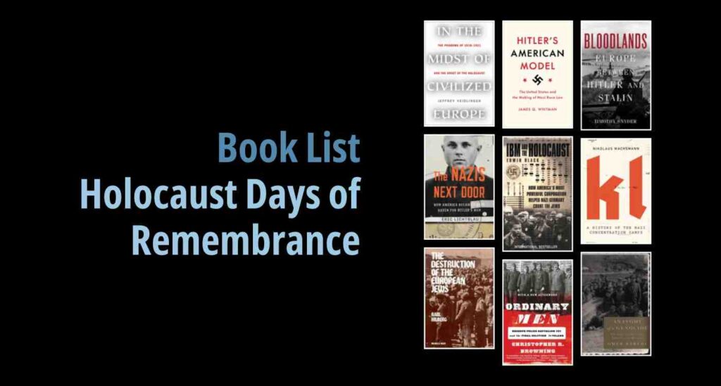 Black background with a book cover collage and text reading book list: Holocaust Days of Remembrance - Nonfiction