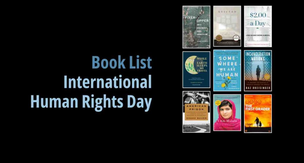 Black background with a book cover collage and text reading book list: International Human Rights Day