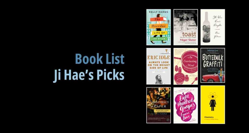 Black background with a book cover collage and text reading book list: Ji Hae's Picks