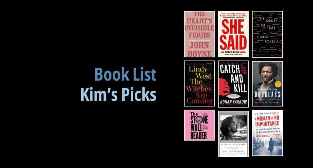 Black background with a book cover collage and text reading book list: Kim's Picks