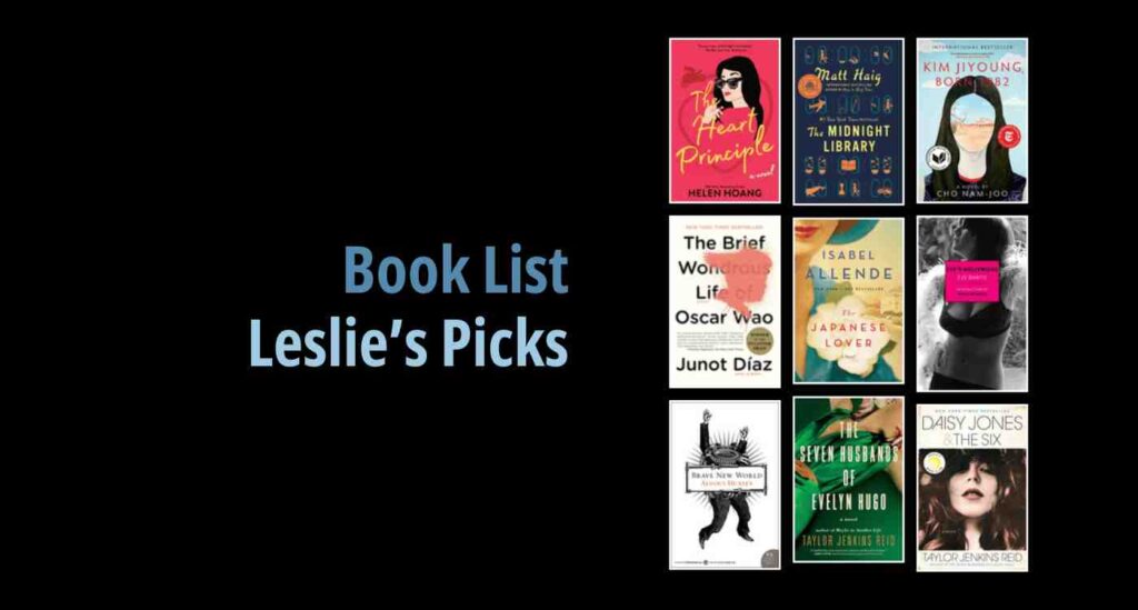 Black background with a book cover collage and text reading book list: Leslie's Picks