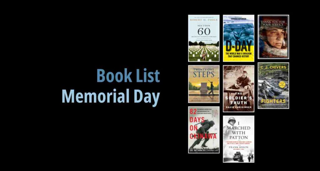 Black background with a book cover collage and text reading book list: Memorial Day