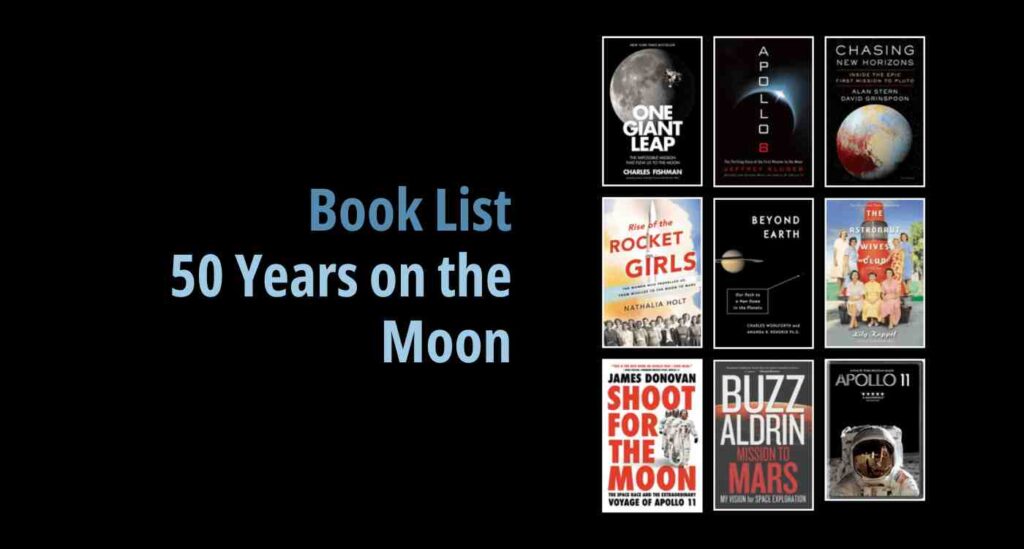 Black background with a book cover collage and text reading book list: 50 Years on the Moon