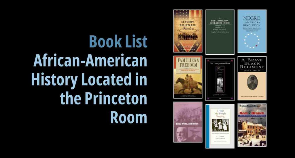 Black background with a book cover collage and text reading book list: African-American History Located in the Princeton Room