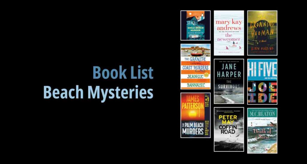 Black background with a book cover collage and text reading book list: Beach Mysteries