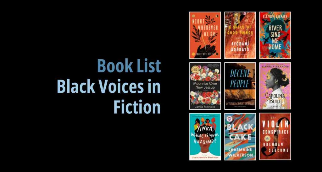 Black background with a book cover collage and text reading book list: Black Voices in Fiction