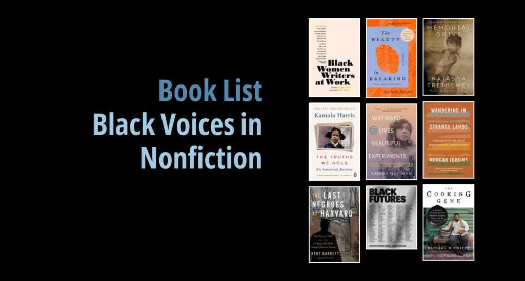 Black background with a book cover collage and text reading book list: Black Voices in Nonfiction