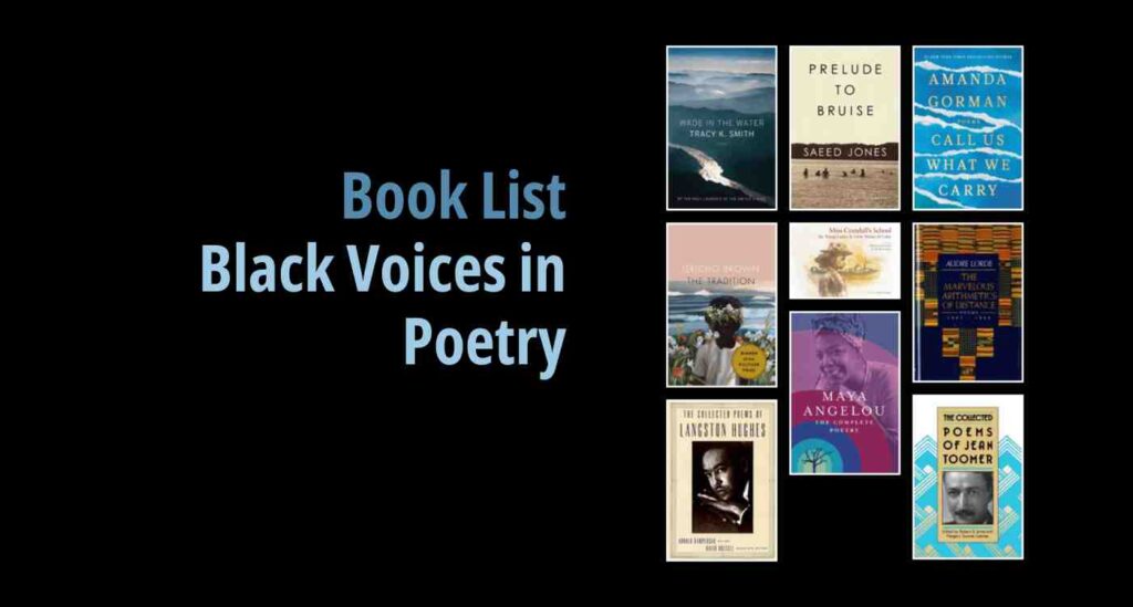 Black background with a book cover collage and text reading book list: Black Voices in Poetry