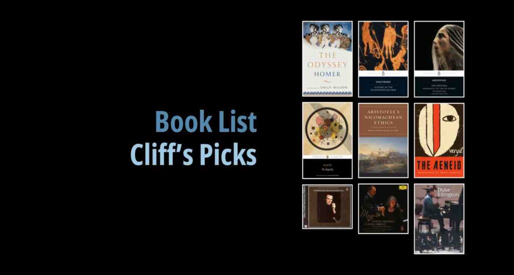 Black background with a book cover collage and text reading book list: Cliff's Picks