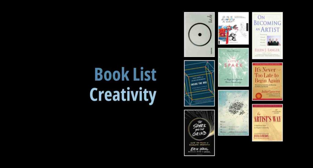 Black background with a book cover collage and text reading book list: Creativity