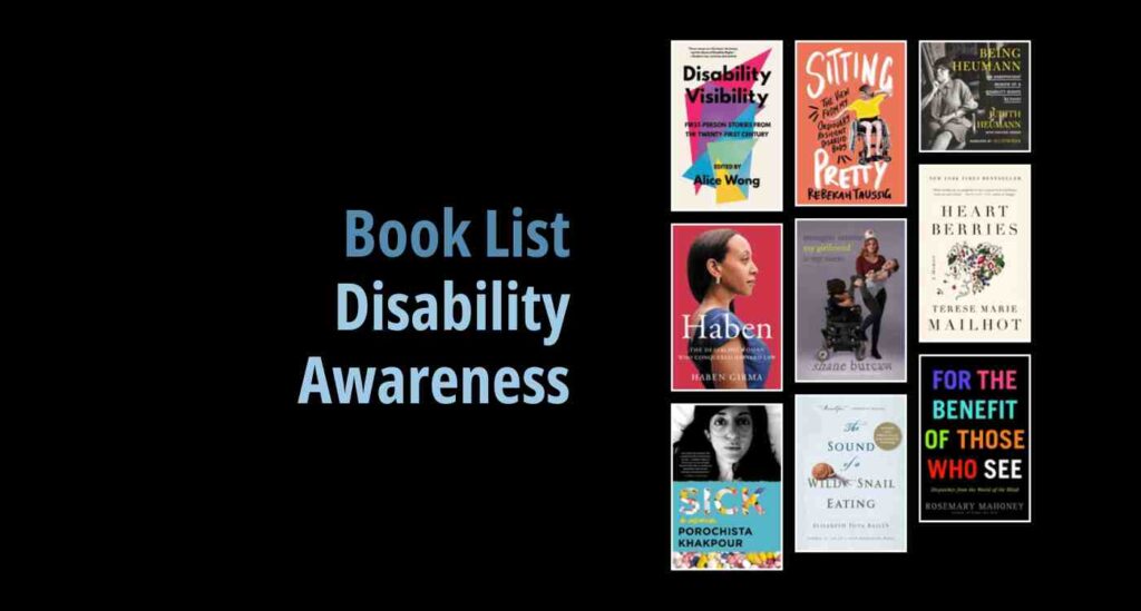 Black background with a book cover collage and text reading book list: Disability Awareness