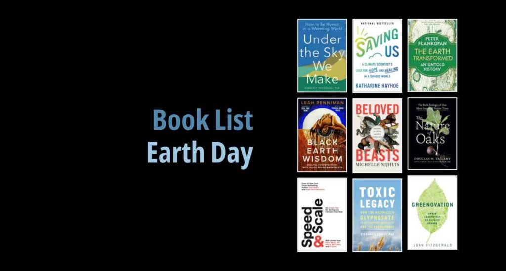 Black background with a book cover collage and text reading book list: Earth Day