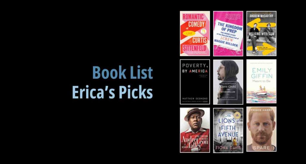 Black background with a book cover collage and text reading book list: Erica's Picks