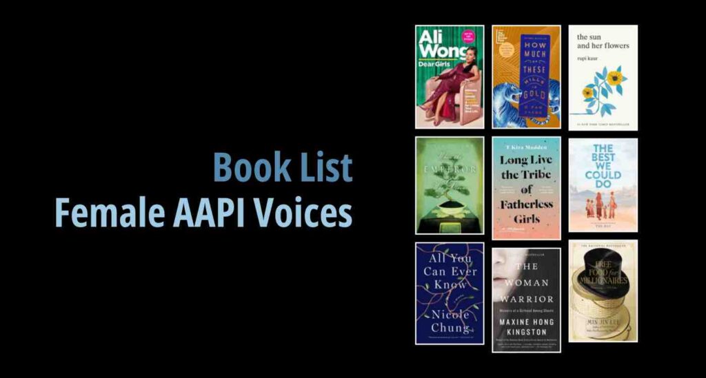 Black background with a book cover collage and text reading book list: Female AAPI Voices
