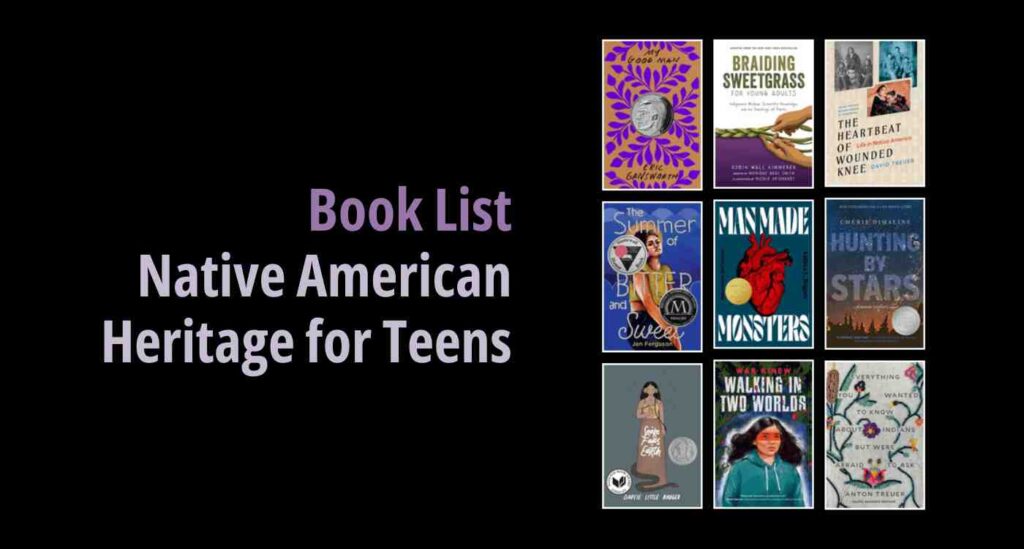 Black background with a book cover collage and text reading book list: Native American Heritage for Teens