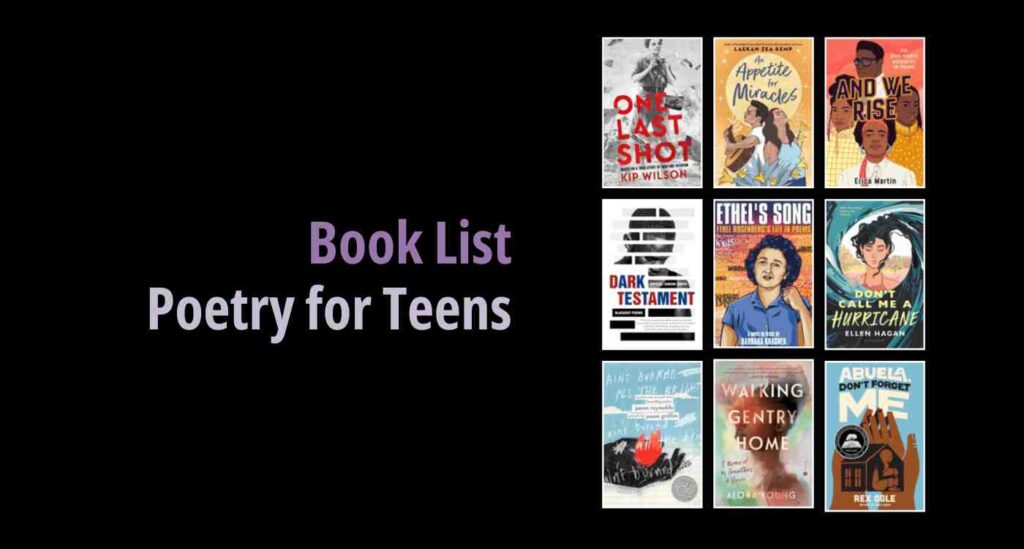 Black background with a book cover collage and text reading book list: Poetry for Teens