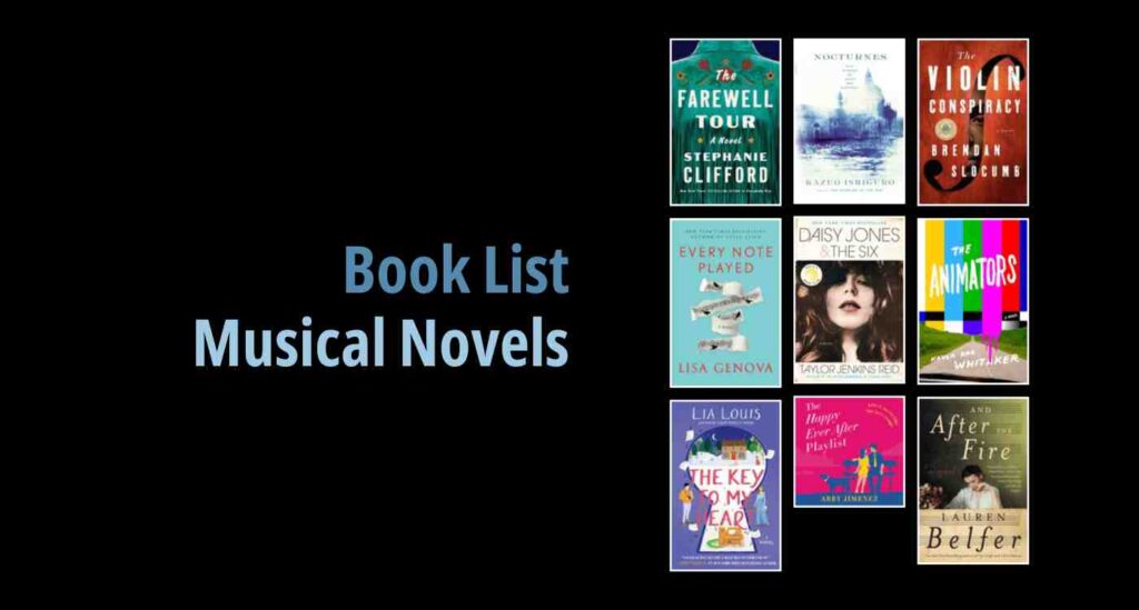 Black background with a book cover collage and text reading book list: Musical Novels