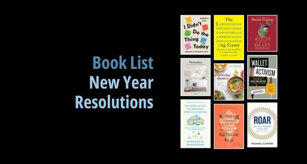 Black background with a book cover collage and text reading book list: New Year Resolutions