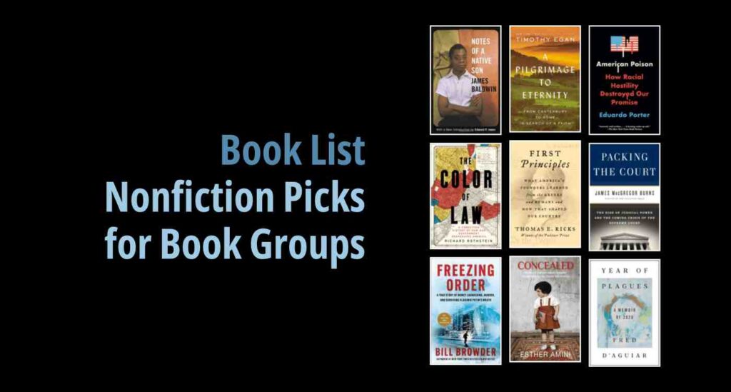 Black background with a book cover collage and text reading book list: Nonfiction Picks for Book Groups