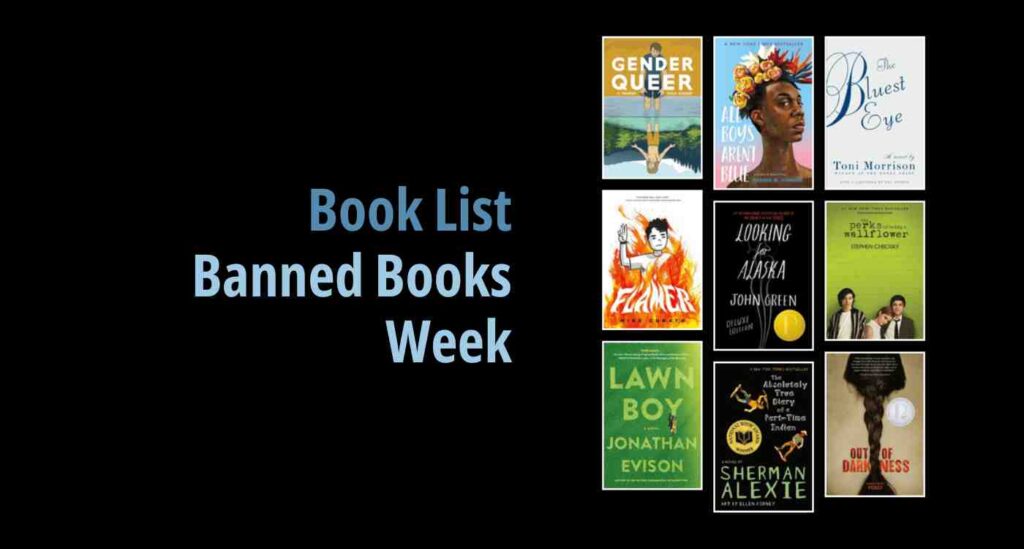 Black background with a book cover collage and text reading book list: Banned Books Week