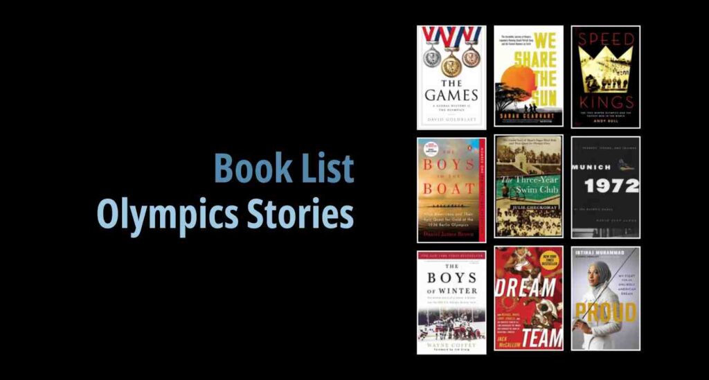 Black background with a book cover collage and text reading book list: Olympics Stories