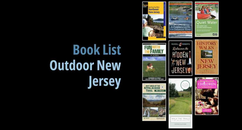 Black background with a book cover collage and text reading book list: Outdoor New Jersey