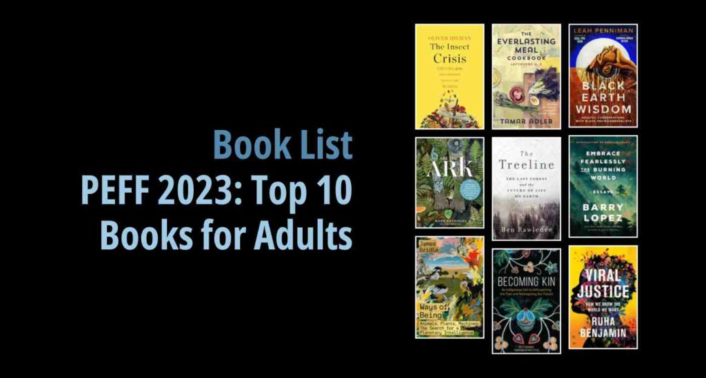 Black background with a book cover collage and text reading book list: PEFF 2023: Top 10 Books for Adults