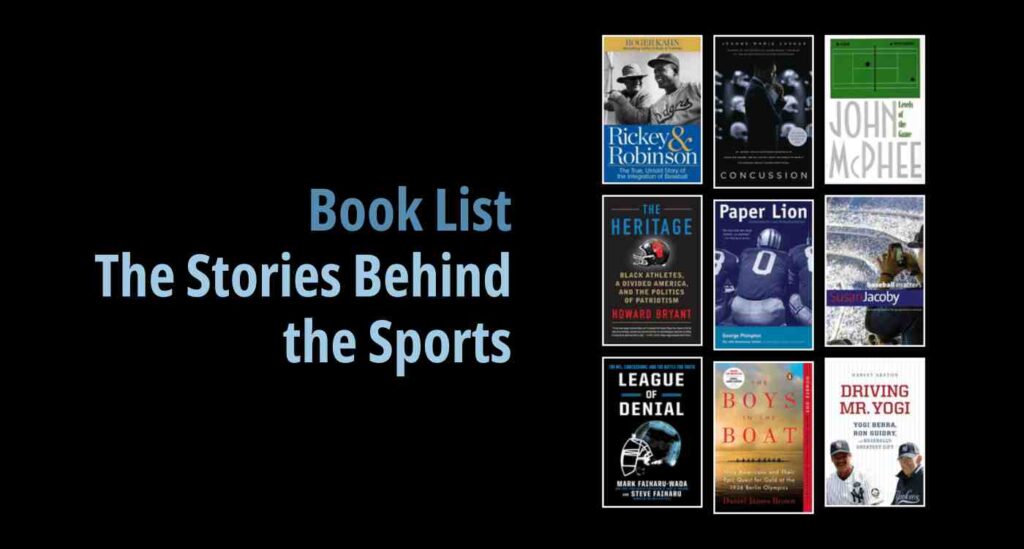 Black background with a book cover collage and text reading book list: The Stories Behind the Sports