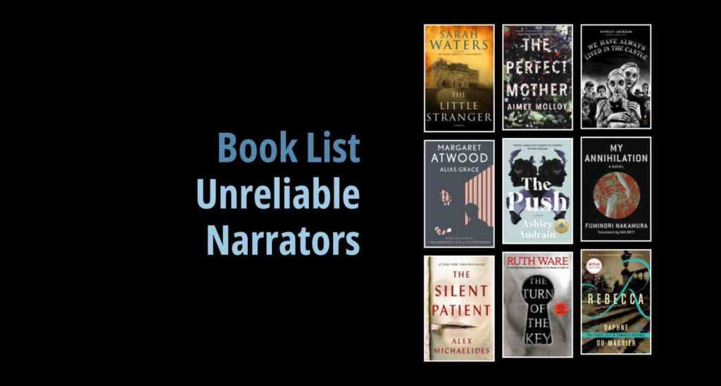Black background with a book cover collage and text reading book list: Unreliable Narrators
