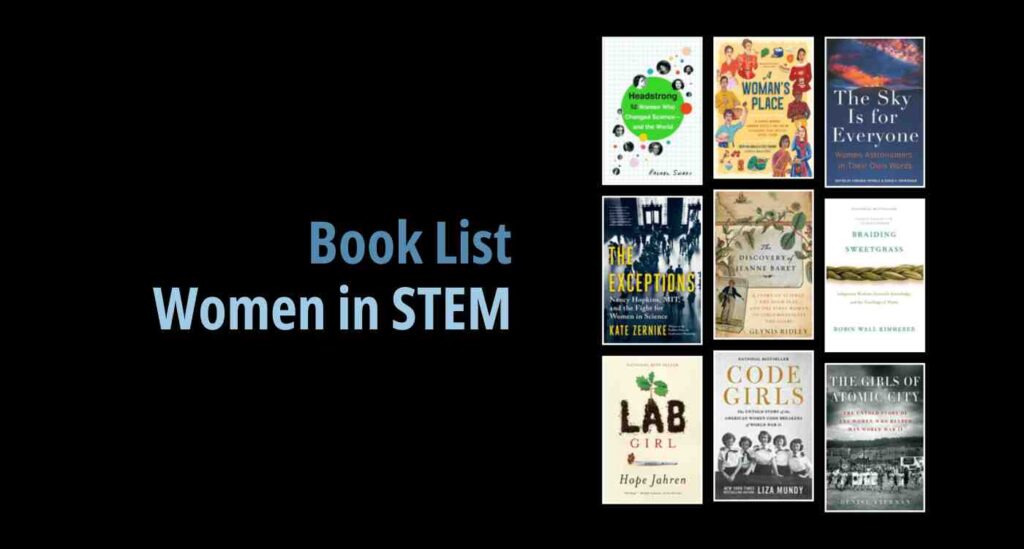 Black background with a book cover collage and text reading book list: Women in STEM