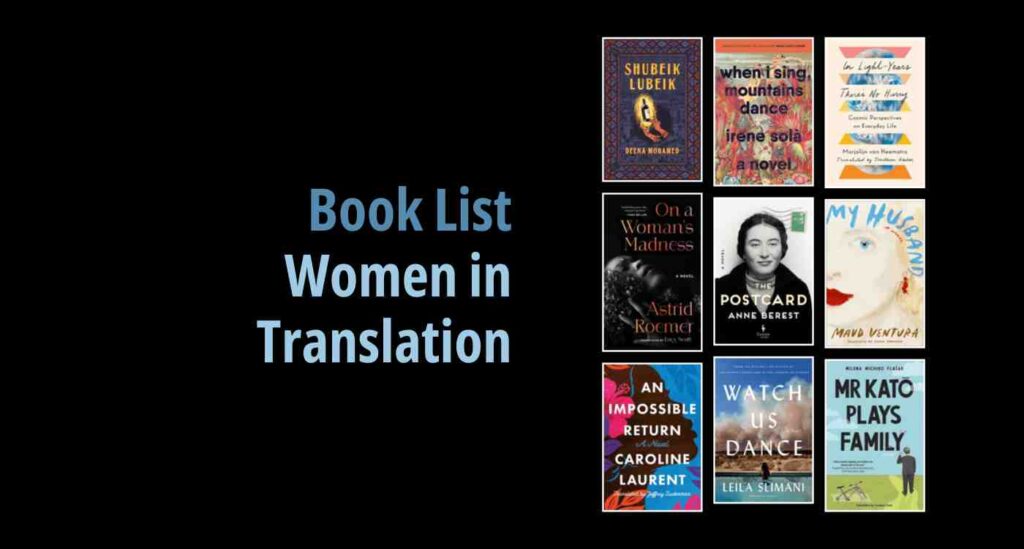 Black background with a book cover collage and text reading book list: Women in Translation