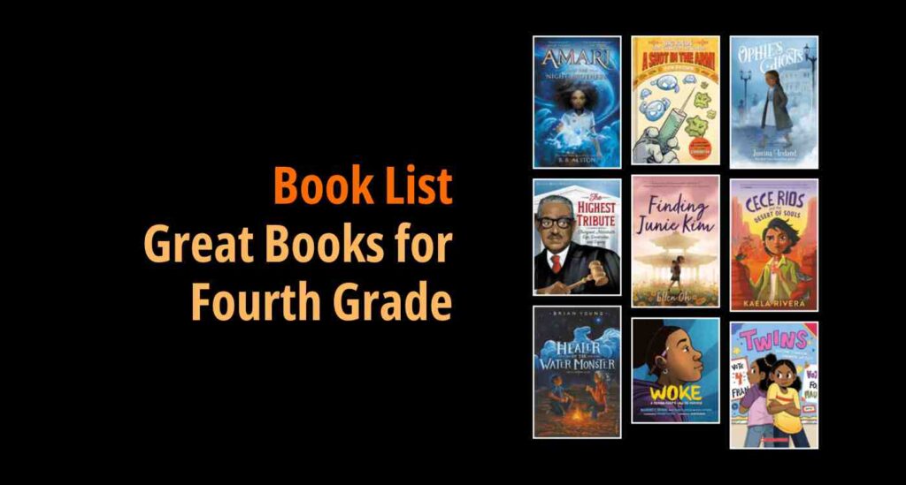 Black background with a book cover collage and text reading book list: Great Books for Fourth Grade