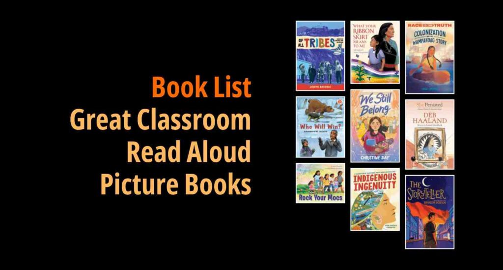Black background with a book cover collage and text reading book list: Great Classroom Read Aloud Picture Books