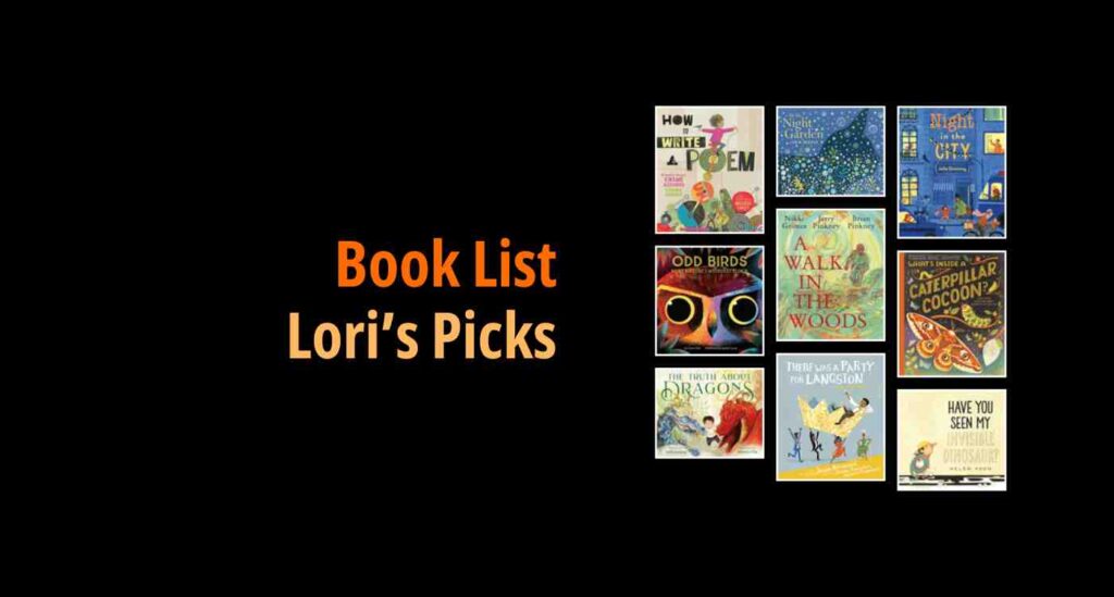 Black background with a book cover collage and text reading book list: Lori's Picks