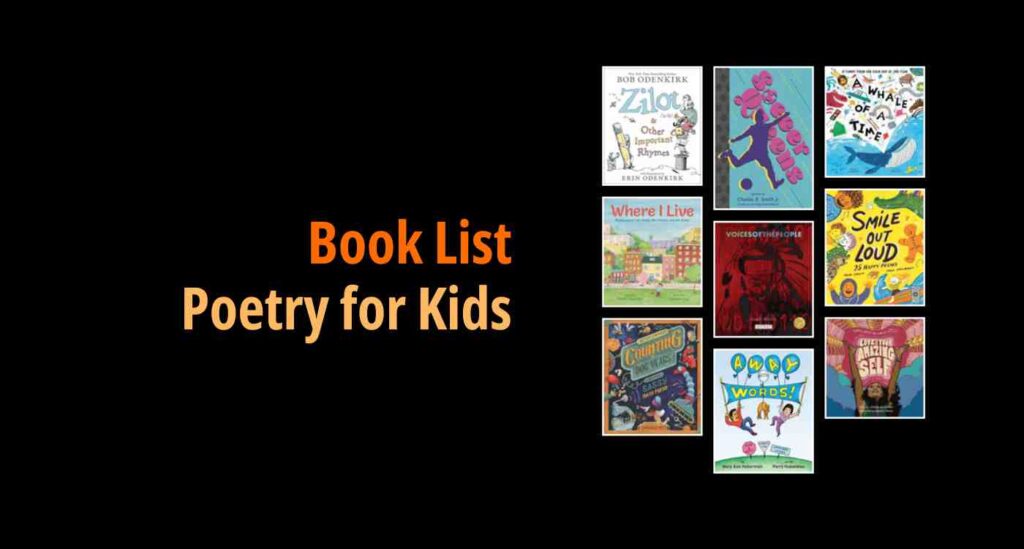 Black background with a book cover collage and text reading book list: Poetry for Kids