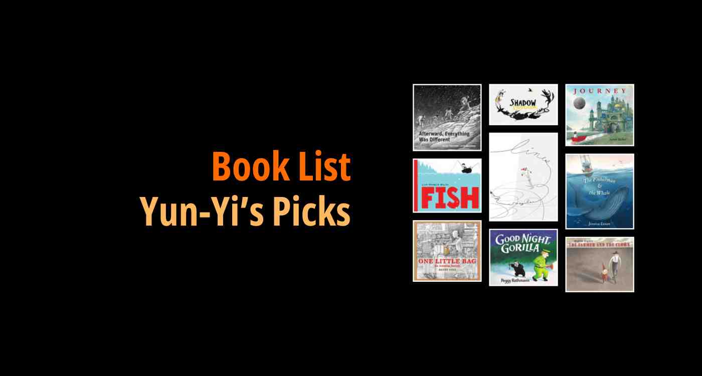 Black background with a book cover collage and text reading book list: Yun-Yi's Picks