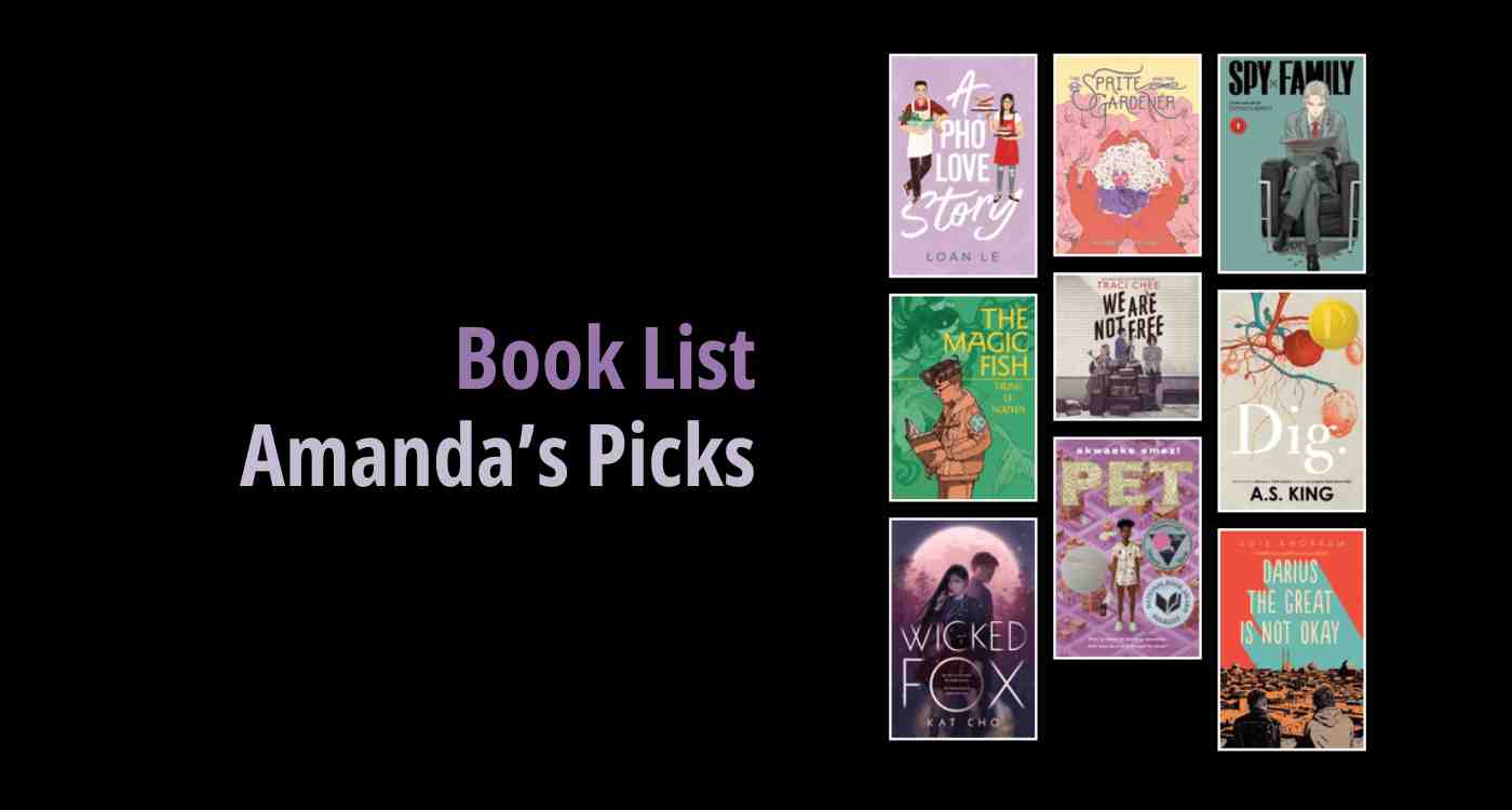 Black background with a book cover collage and text reading book list: Amanda's Picks