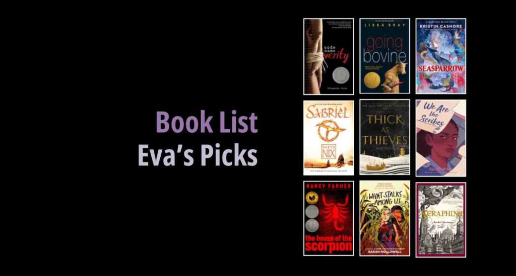 Black background with a book cover collage and text reading book list: Eva's Picks