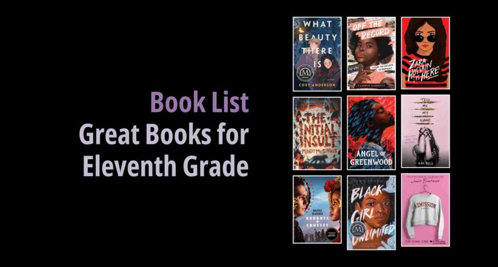 Black background with a book cover collage and text reading book list: Great Books for Eleventh Grade