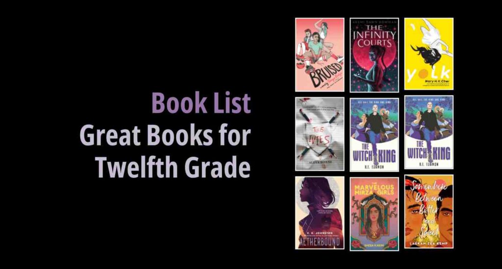 Black background with a book cover collage and text reading book list: Great Books for Twelfth Grade