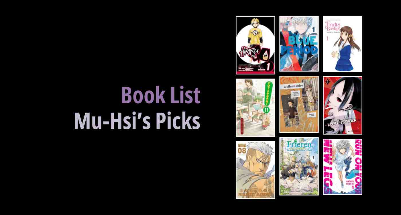 Black background with a book cover collage and text reading book list: Mu-Hsi's Picks