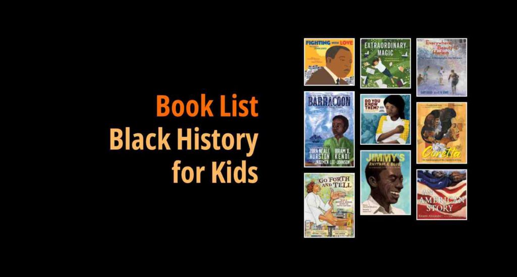 Black background with a book cover collage and text reading book list: Black History For Kids